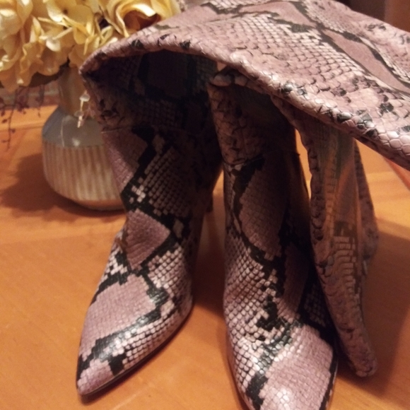 Tall cream, black and mauve boot with snake print. - Picture 2 of 7